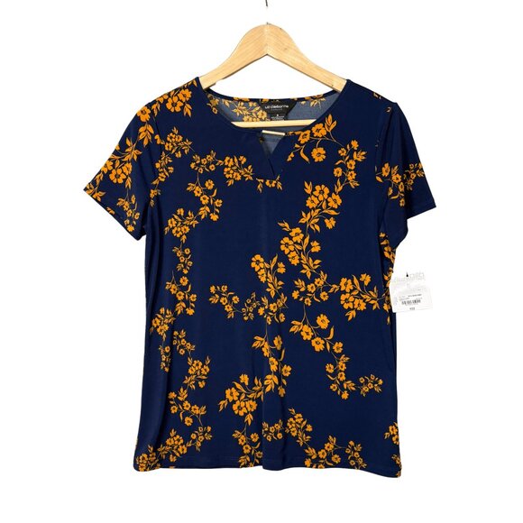 Liz Claiborne Womens Navy Floral V Neck Short Sleeve Top Sz Small‎ Career Office - Picture 1 of 7